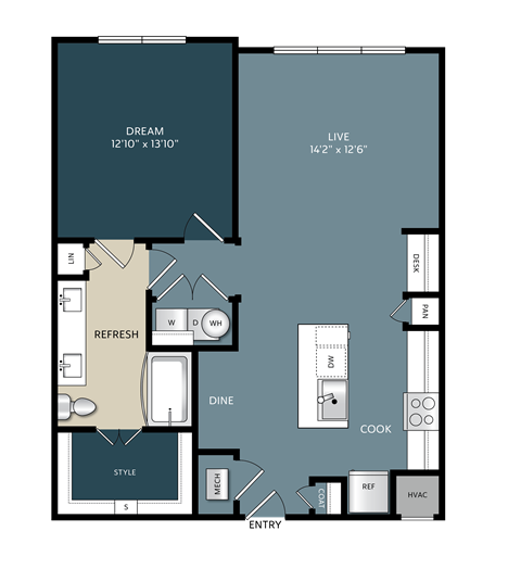 One-bedroom Kerrville, Texas apartment floor plan with an open kitchen and a spacious bedroom designed for comfortable living.